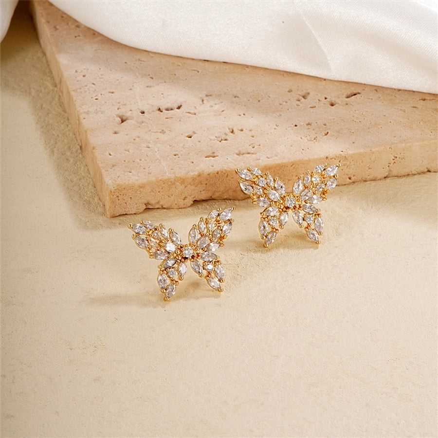 1 Pair Japanese Style Simple Style Shiny Butterfly Three-dimensional Inlay Copper Zircon K Gold Plated Ear Studs