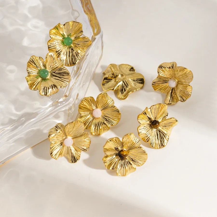 1 Pair IG Style Elegant Modern Style Flower Inlay 304 Stainless Steel Natural Stone 14K Gold Plated Ear Studs