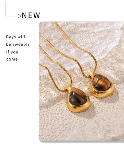 Jewelry Retro Classic Style Water Droplets 304 Stainless Steel Tiger Eye 18K Gold Plated Plating Inlay Pendant Necklace Necklace