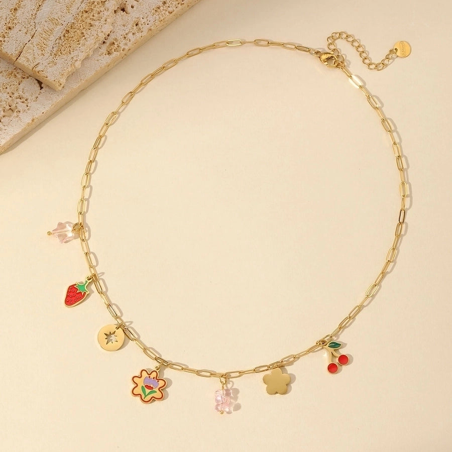Jewelry French Style Cherry Strawberry 304 Stainless Steel Imitation Pearl Imitating stone 18K Gold Plated Enamel Plating Inlay Multi Charms Necklace