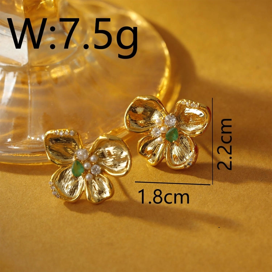1 Pair Luxurious Vacation Sweet Flower Inlay Carving Copper Crystal Zircon 18K Gold Plated Ear Studs