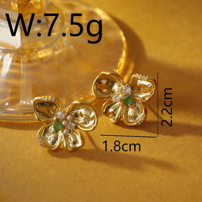 1 Pair Luxurious Vacation Sweet Flower Inlay Carving Copper Crystal Zircon 18K Gold Plated Ear Studs