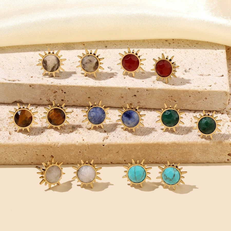 One Pack and Two Pairs Retro French Style Sun Plating Titanium Steel Natural Stone 14K Gold Plated Ear Studs