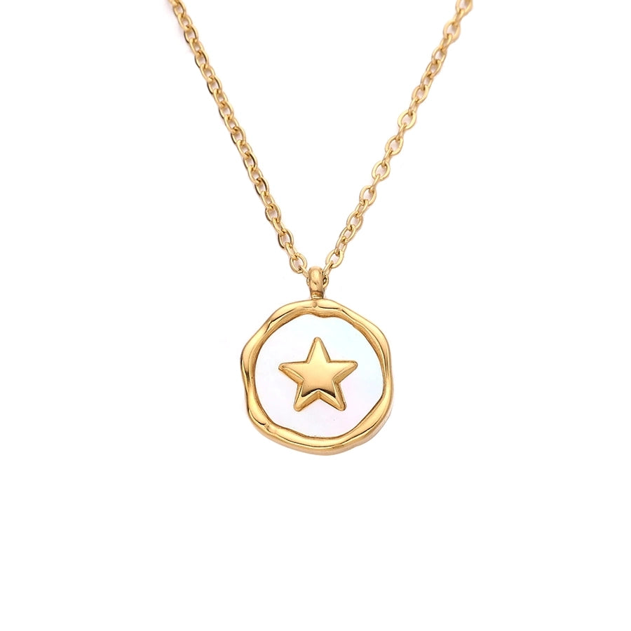 Jewelry Vintage Style French Style Pentagram Round 304 Stainless Steel Shell 18K Gold Plated Inlay Pendant Necklace