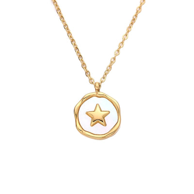 Jewelry Vintage Style French Style Pentagram Round 304 Stainless Steel Shell 18K Gold Plated Inlay Pendant Necklace