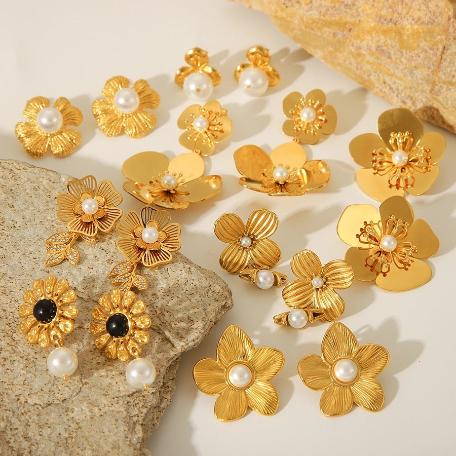 1 Piece IG Style Flower Plating Inlay 304 Stainless Steel Natural Stone Pearl 18K Gold Plated Drop Earrings Ear Studs