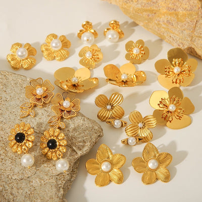 1 Piece IG Style Flower Plating Inlay 304 Stainless Steel Natural Stone Pearl 18K Gold Plated Drop Earrings Ear Studs