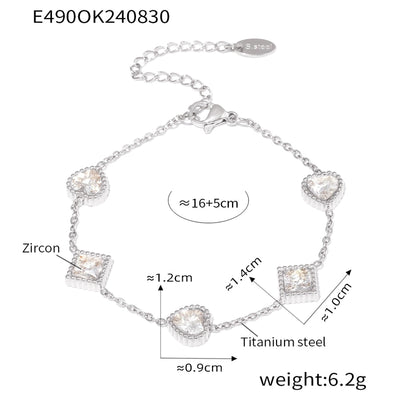 Preppy Style Commute Shiny Square Heart Shape Titanium Steel 18K Gold Plated Zircon Bracelets In Bulk