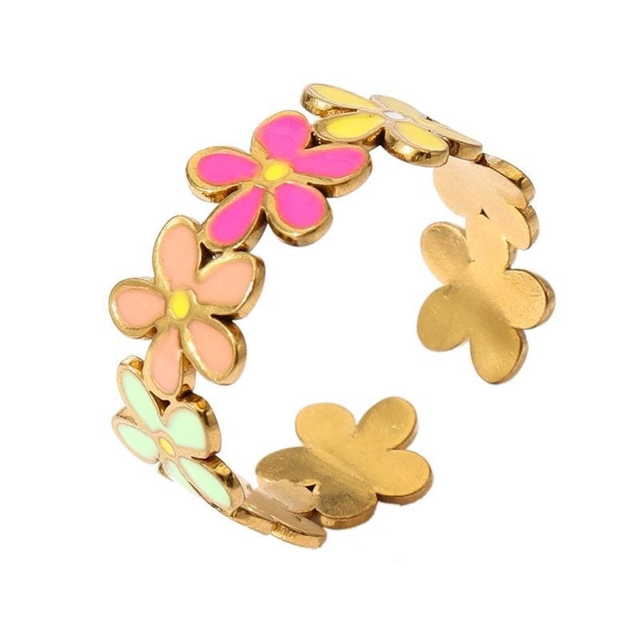 Jewelry Retro Sweet Stripe Flower 304 Stainless Steel Enamel Open Rings