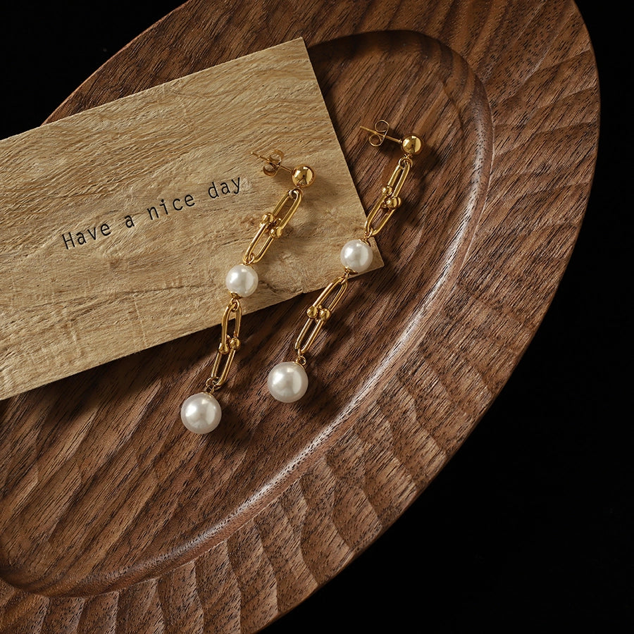 1 Pair Elegant Glam Geometric Inlay 304 Stainless Steel Pearl Drop Earrings