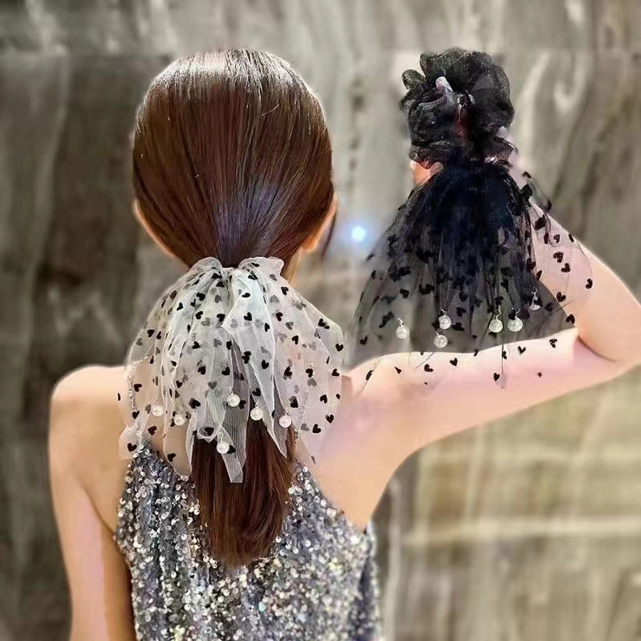 casual heart shape gauze tassel pearl hair tie