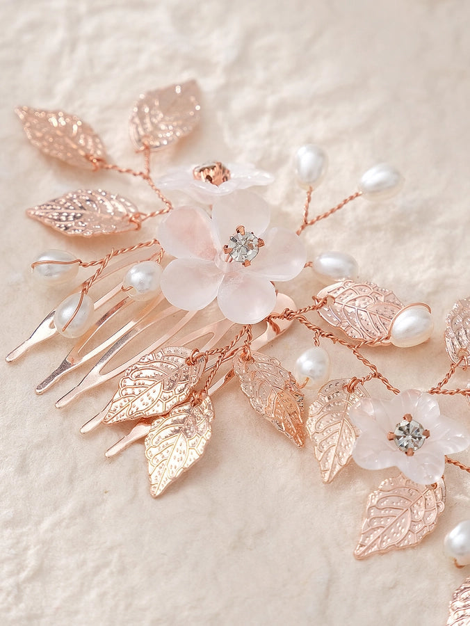 retro leaf flower alloy copper pearl inlay rhinestones insert comb