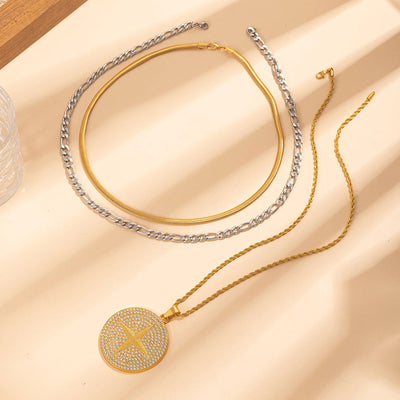 Jewelry Punk Round 201 Stainless Steel Copper Zircon Inlay Three Layer Necklace