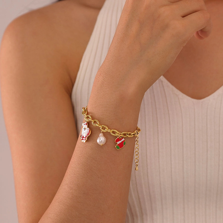 Simple Style Christmas Tree Santa Claus Christmas Socks 304 Stainless Steel cable chain Bracelets In Bulk