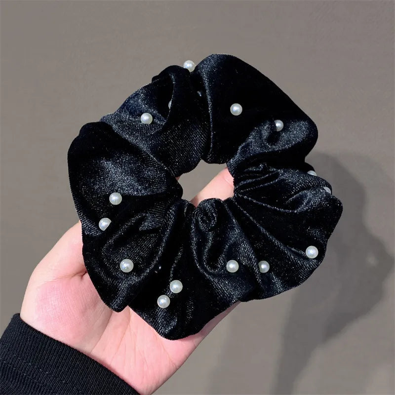 retro solid color velvet inlay artificial pearls hair tie 1 piece