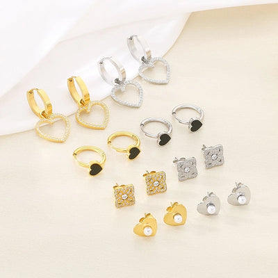 1 Pair Vintage Style Square Heart Shape Hollow Out Inlay 304 Stainless Steel Pearl Zircon 18K Gold Plated Earrings