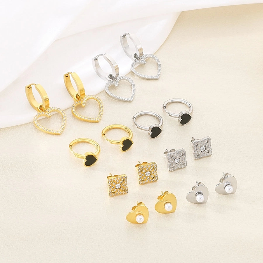 1 Pair Vintage Style Square Heart Shape Hollow Out Inlay 304 Stainless Steel Pearl Zircon 18K Gold Plated Earrings