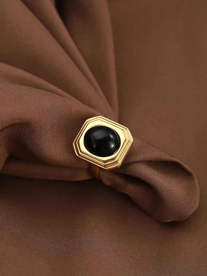 Jewelry Classical Retro Vintage Style Geometric 304 Stainless Steel Natural Stone Inlay Rings