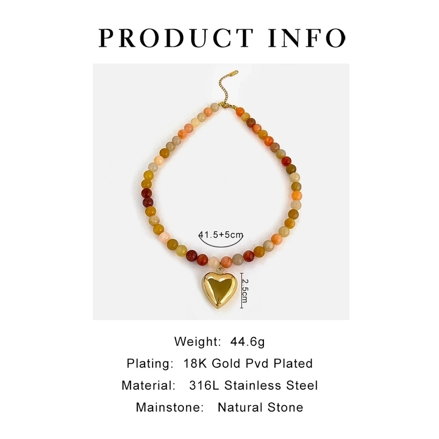 Jewelry Elegant Beach Heart Shape 316L Stainless Steel  Natural Stone 18K Gold Plated Beaded Pendant Necklace