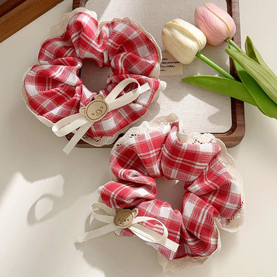 Women's Casual Preppy Style Lattice Bear Bow Knot Cloth Lace Hair Tie