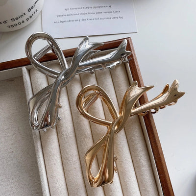 Ribbon bow hairpin for women  new back head clip shark clip high-end silver metal clip hairpin