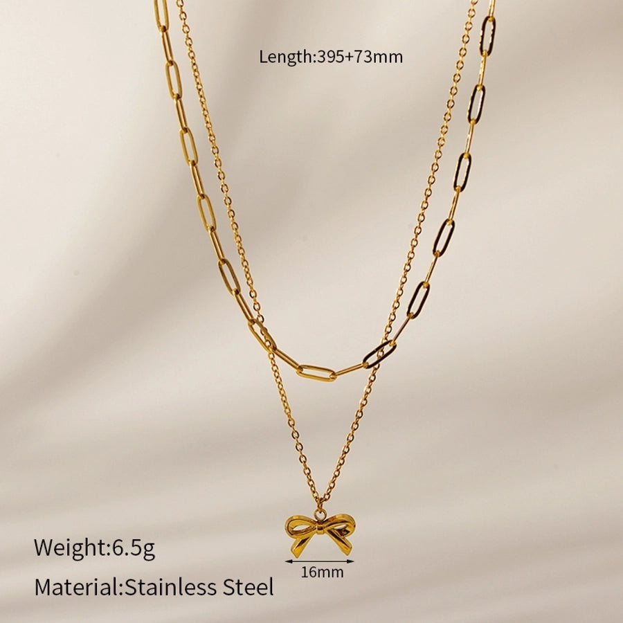 Jewelry IG Style Sweet Bow Knot 304 Stainless Steel Zircon Hollow Out Inlay Double Layer Necklaces