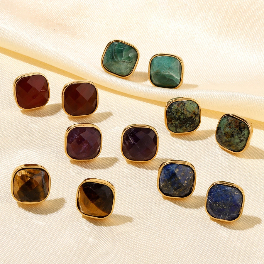 One Pack and Two Pairs Retro French Style Geometric Plating Titanium Steel Natural Stone 14K Gold Plated Ear Studs