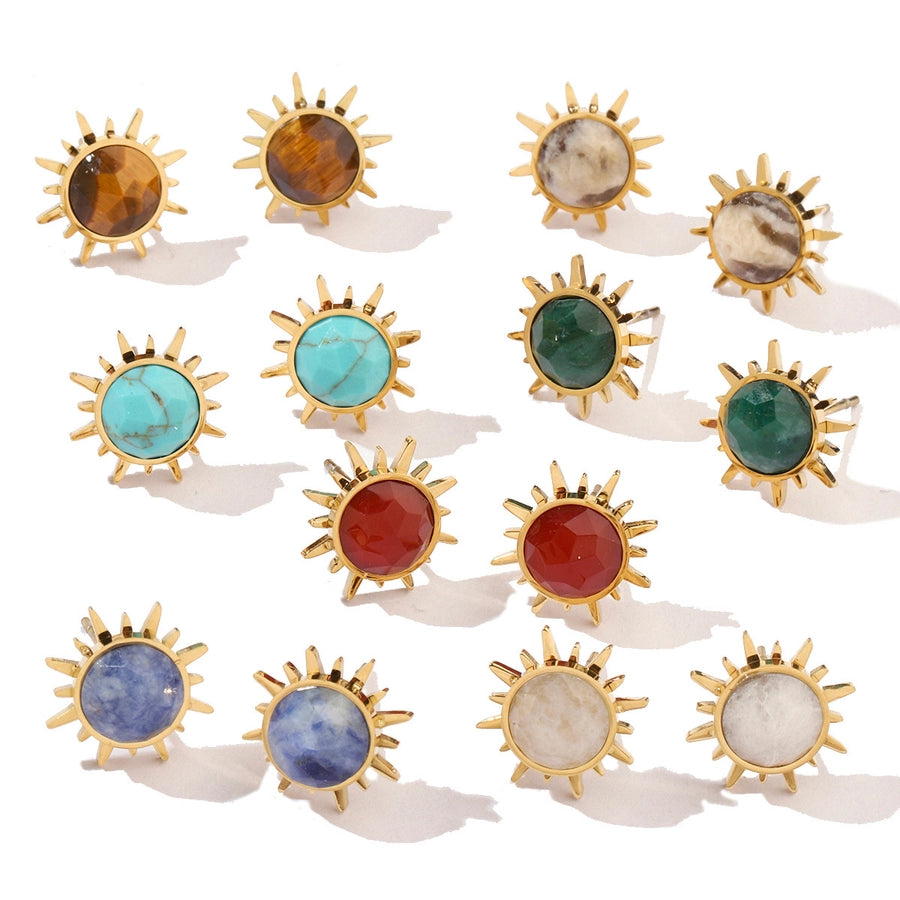 One Pack and Two Pairs Retro French Style Sun Plating Titanium Steel Natural Stone 14K Gold Plated Ear Studs