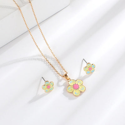 creative children's jewelry set cartoon flower jewelry set alloy drop oil necklace earrings two-piece set