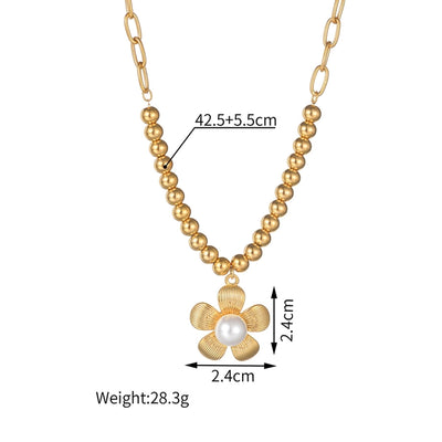 Jewelry Casual Sweet Flower Butterfly 304 Stainless Steel Artificial Pearls Beaded Enamel Inlay Pendant Necklace