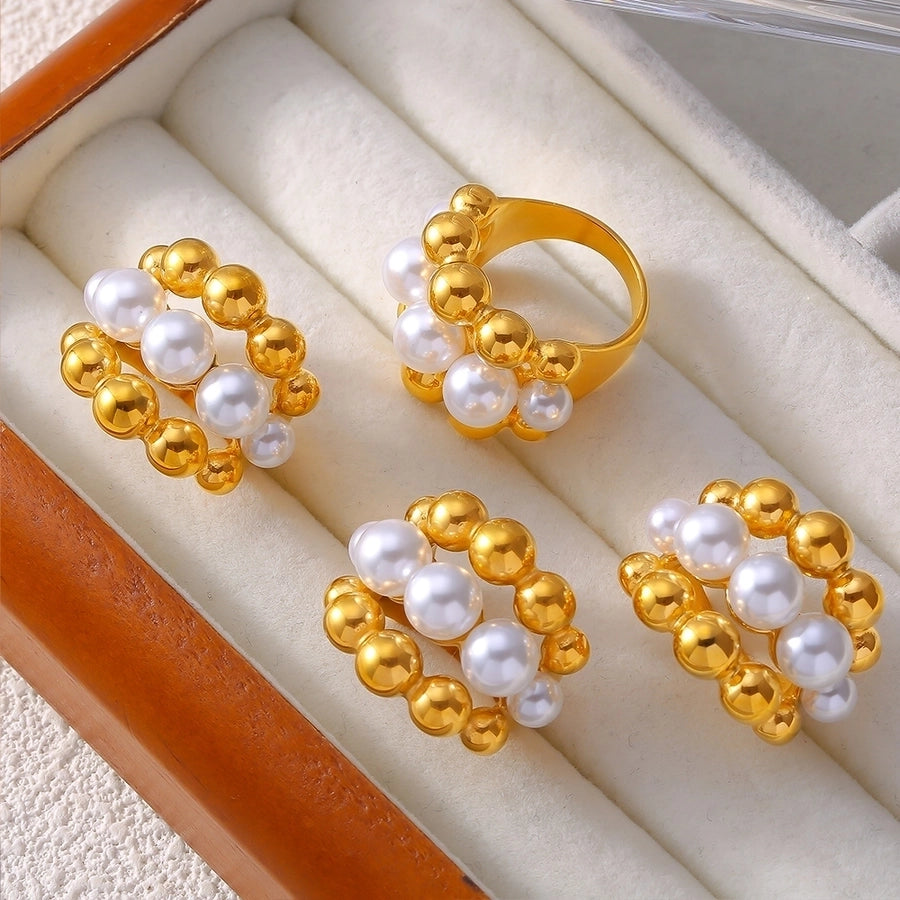 Jewelry Elegant French Style Round 304 Stainless Steel Artificial Pearls 18K Gold Plated Layered Inlay Rings
