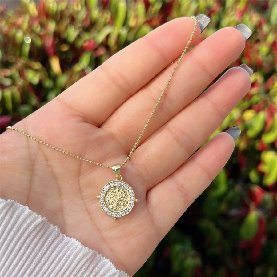 Copper 18K Gold Plated Inlay Round Heart Shape Life Tree Zircon Pendant Necklace