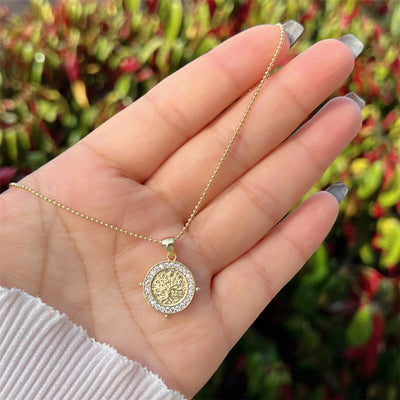 Copper 18K Gold Plated Inlay Round Heart Shape Life Tree Zircon Pendant Necklace