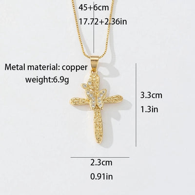 Copper box chain 18K Gold Plated Inlay Carving Cross Butterfly Zircon Pendant Necklace