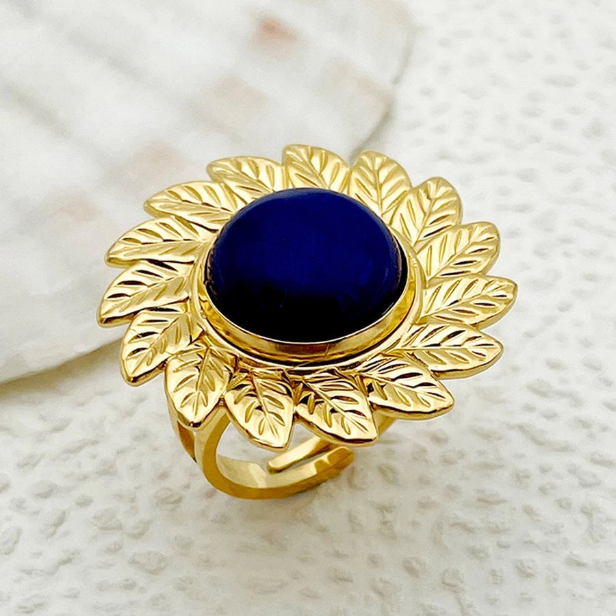 Jewelry Modern Style Sweet Round Sun Flower 304 Stainless Steel Natural Stone 14K Gold Plated Enamel Plating Open Rings