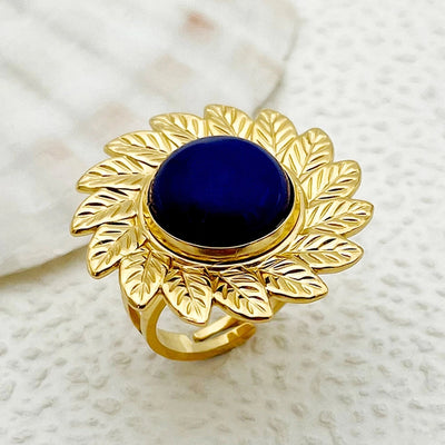 Jewelry Modern Style Sweet Round Sun Flower 304 Stainless Steel Natural Stone 14K Gold Plated Enamel Plating Open Rings