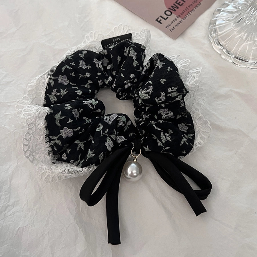 Women's Japanese Style Sweet Flower Cloth Handmade Pearl Lace Hair Tie