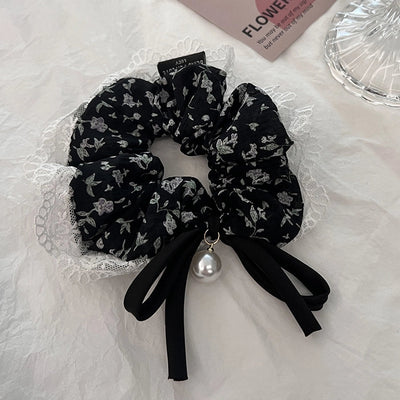 Women's Japanese Style Sweet Flower Cloth Handmade Pearl Lace Hair Tie