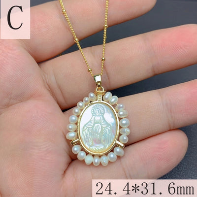 Mother pearl shellfish Copper Geometric Virgin Mary Color Block Pendant Necklace