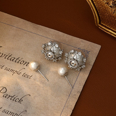 1 Pair Glam Luxurious French Style Flower Inlay Copper Freshwater Pearl Zircon 18K Gold Plated Ear Studs