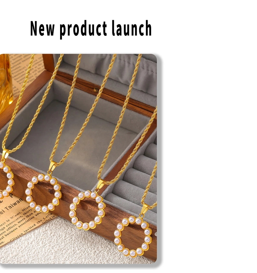 Jewelry Elegant Round 304 Stainless Steel Artificial Pearls 18K Gold Plated Plating Inlay Rings Necklace