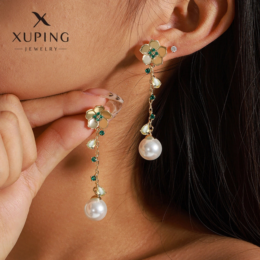 1 Pair Elegant Sweet Flower Plating Copper Artificial Gemstones Beads 18K Gold Plated Drop Earrings