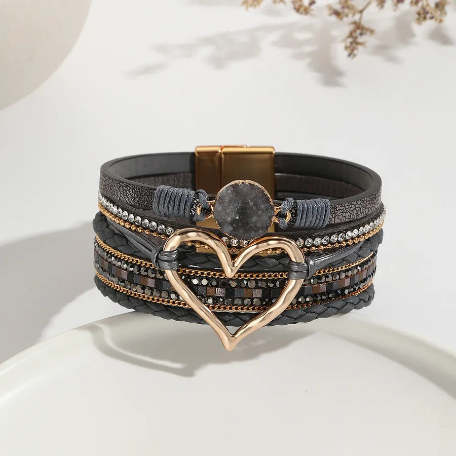 elegant classic style heart shape pu leather inlay rhinestones women's bracelets