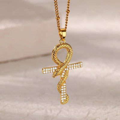 Copper Water wave chain 18K Gold Plated Geometric Cross Eye Zirconia Pendant Necklace