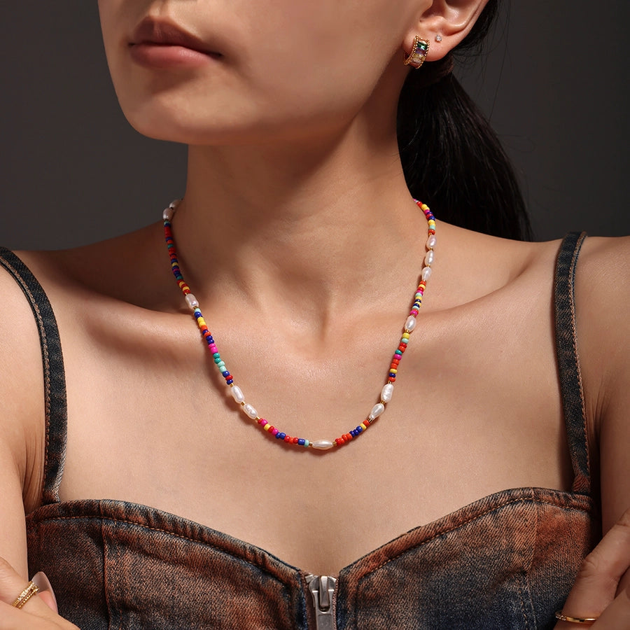 Jewelry Elegant Vacation Geometric 304 Stainless Steel Natural Freshwater Pearl 18K Gold Plated Beaded Necklace