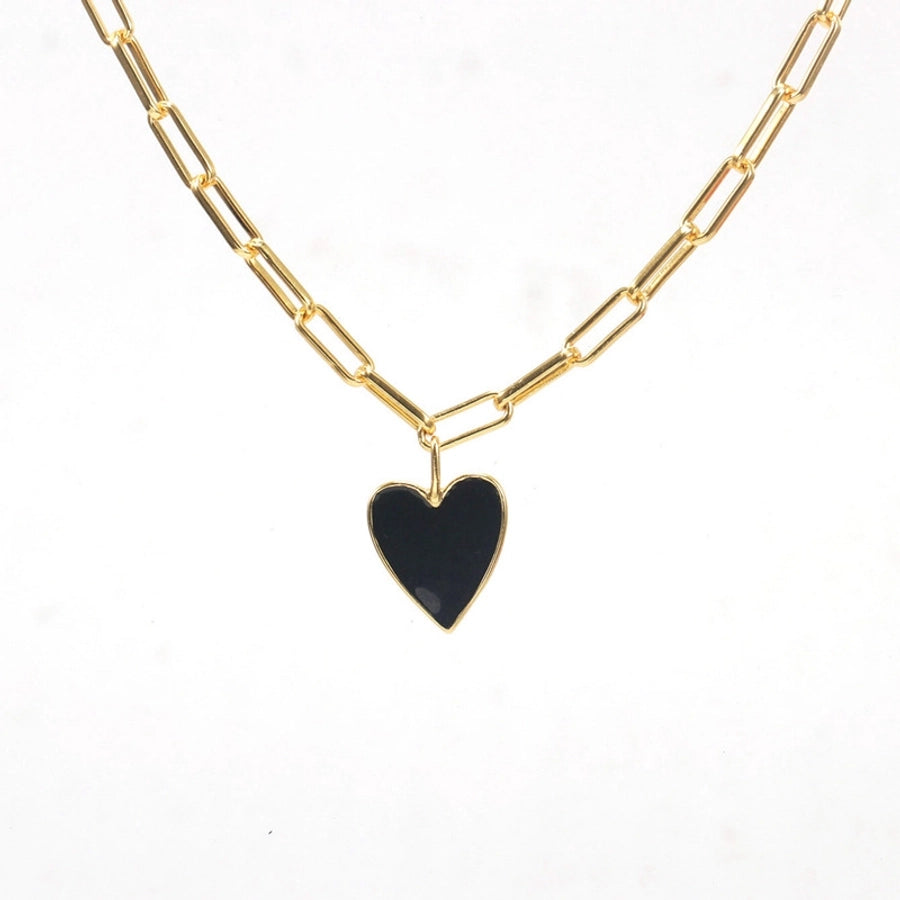 Copper Paperclip Chain Enamel Heart Shape Pendant Necklace