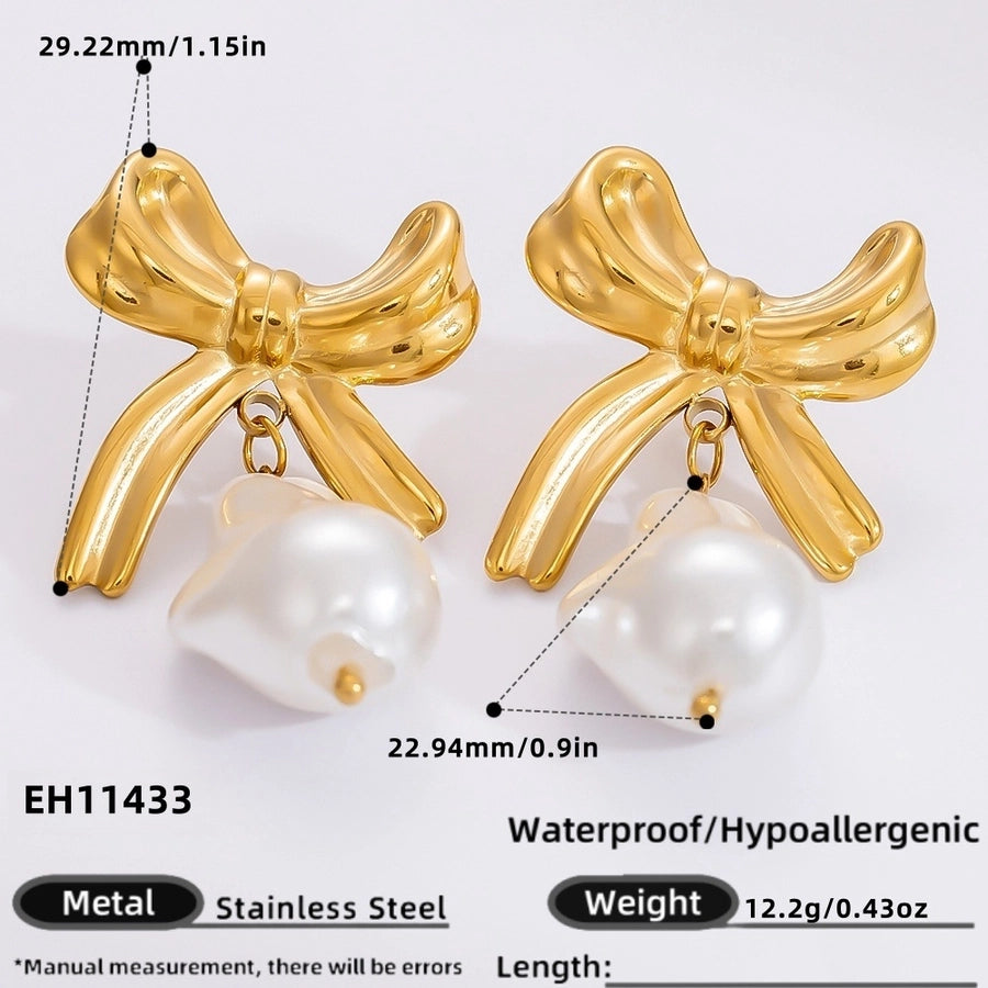 1 Pair Simple Style Commute Heart Shape Flower Bow Knot Plating 304 Stainless Steel Drop Earrings