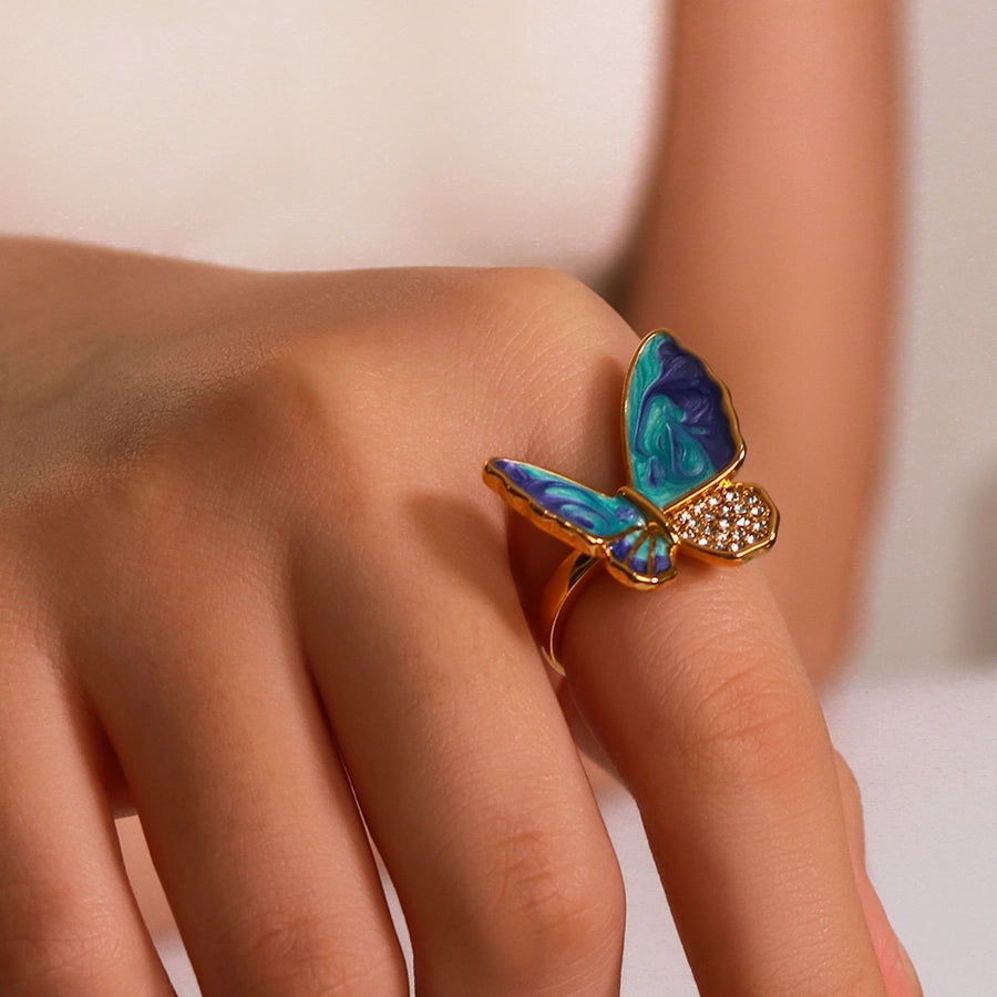 Jewelry IG Style Simple Style Butterfly 304 Stainless Steel Zircon 18K Gold Plated Enamel Inlay Rings