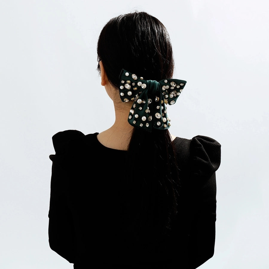 fashion bow knot alloy corduroy inlay artificial pearls rhinestones hair clip 1 piece