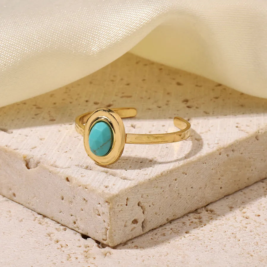 Wholesale Jewelry Retro French Style Oval Titanium Steel Natural Stone Turquoise Agate 14K Gold Plated Plating Inlay Open Rings